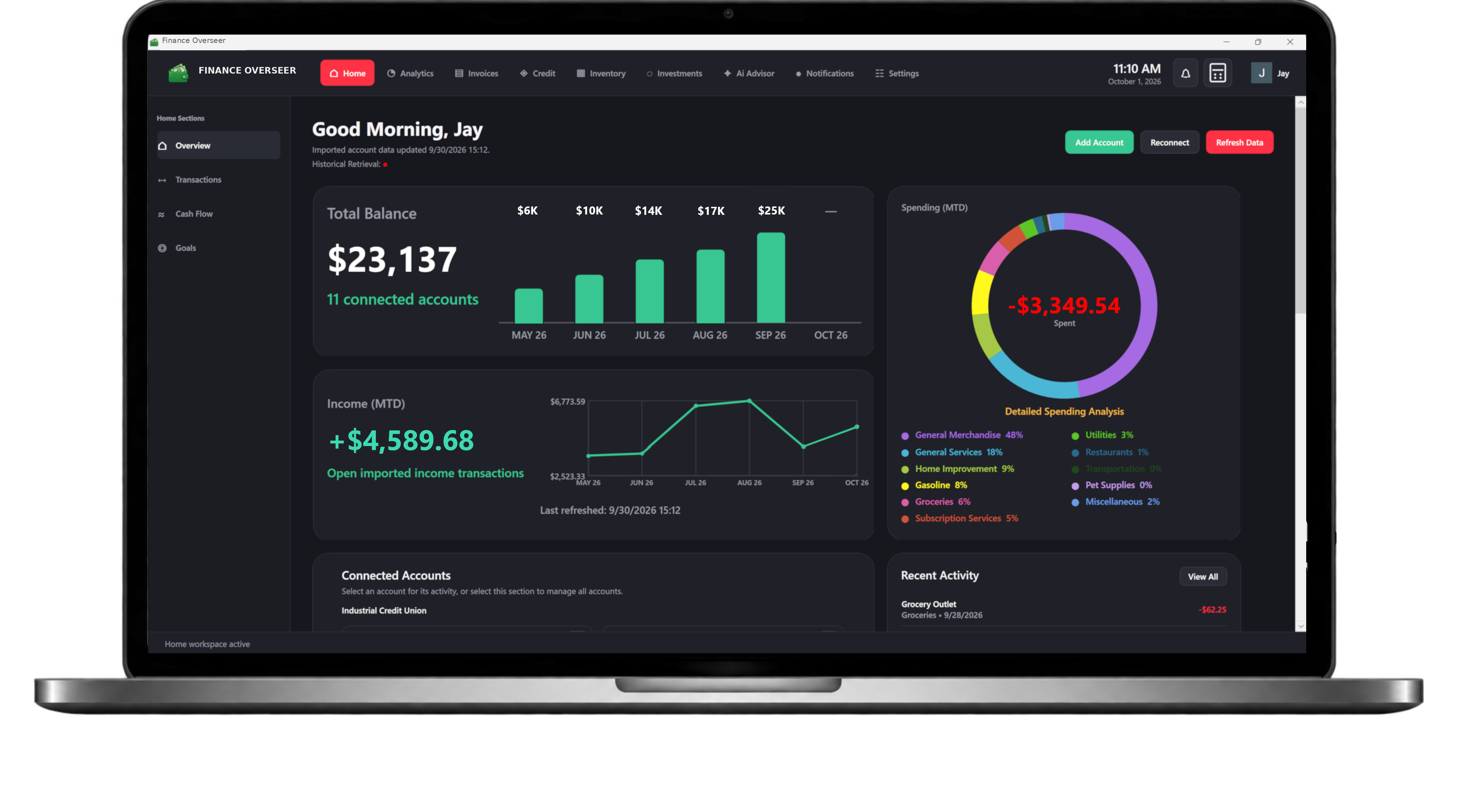 Finance Overseer dashboard displayed on a laptop